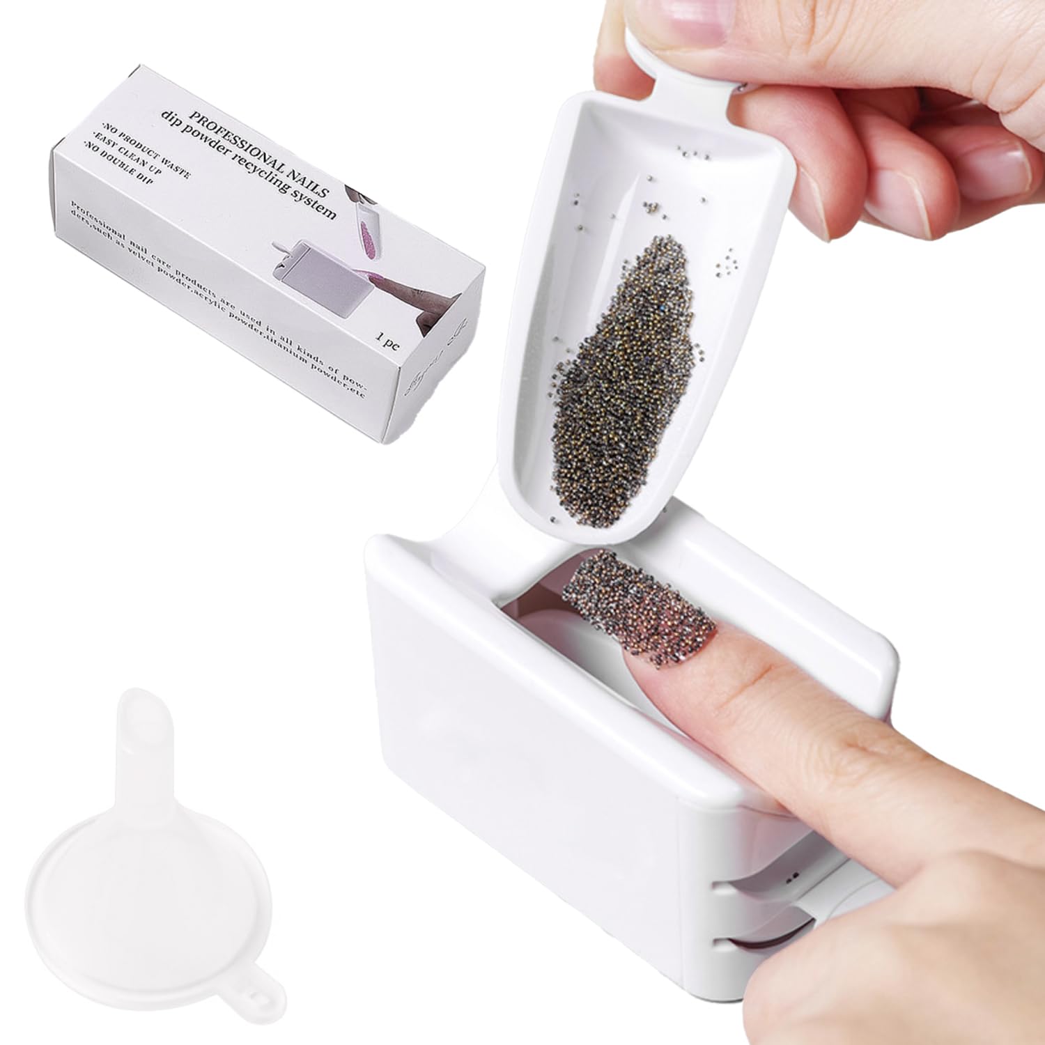 ieron Nail Dip Powder Tray Recycling Tool 2 in 1 Nail Art Dip Dipping Powder Recycling Container Tray Tool, Portable Nail Powder Storage Box White