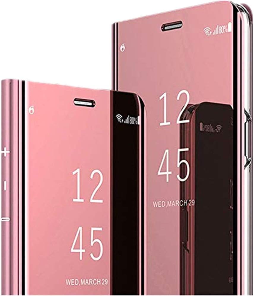 for Samsung Galaxy A70 Case Clear Mirror Flip Cover Crystal Plating PC Full Body Protective Case Kickstand Smartphone case (Rose Gold)