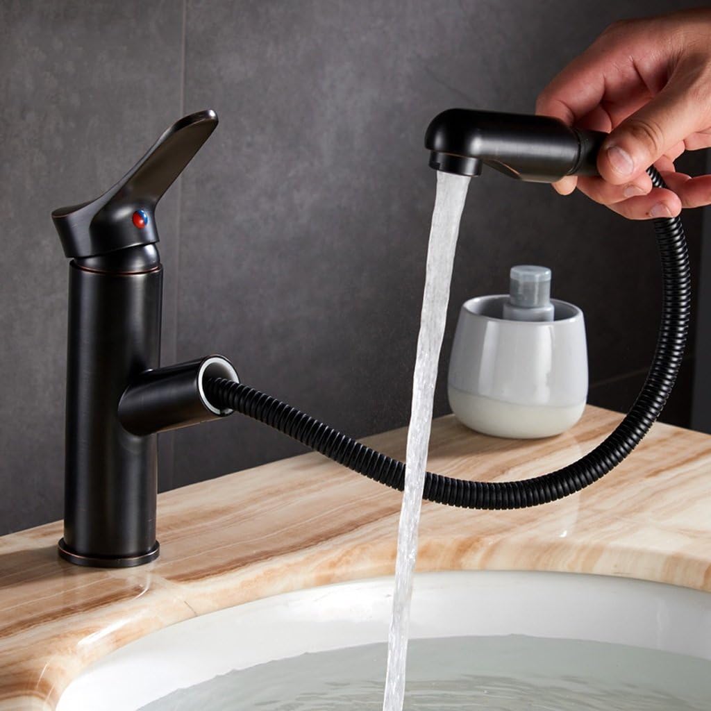 Neilyn Retro Bathroom Pull the Faucets Tap Basin Sink Vintage Black Bronze Wanity Hot and Cold Water Mixer Taps Single Handle Antique Full-copper Telescopic Deck Installation Faucet (Size : S)