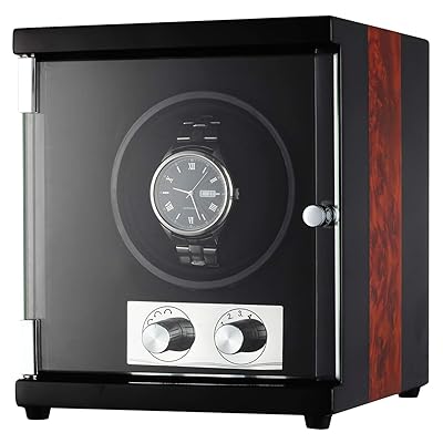CHIYODA Single Watch Winder with Quiet Motor-12 Rotation Modes(Black and Camphor Wood Splicing)