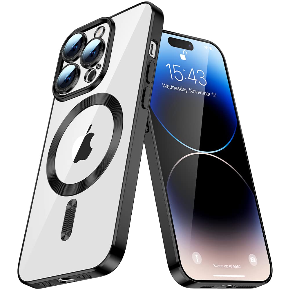 IMEIKONST Magnetic Clear Case Compatible with iPhone 15 Plus, Transparent Anti-Yellow Case with MagSafe Wireless Charging [Bulid in Camera Cover] Slim Fit Bumper Cover for iPhone 15 Plus. Black YIX