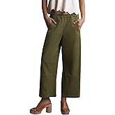 Allimy Womens Fashion Summer High Waist Elastic Wide Leg Straight Leg Casual Cropped Pants Casual Capris with Pockets