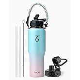 Trebo 32oz Insulated Water Bottle that Fits in Cup Holder, Stainless Steel Triple Wall Tumbler Flask Bottles with Paracord Handle, with Straw Spout Lids, Keep Cold for 48 Hrs/Hot 24 Hrs,Bubble Gum