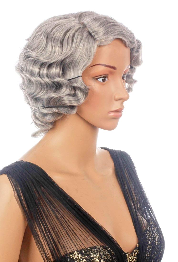 Prettyland light grey Short Hair Wig Chin Long with Water Retro Wave with Hair Clips Side Vertex C983