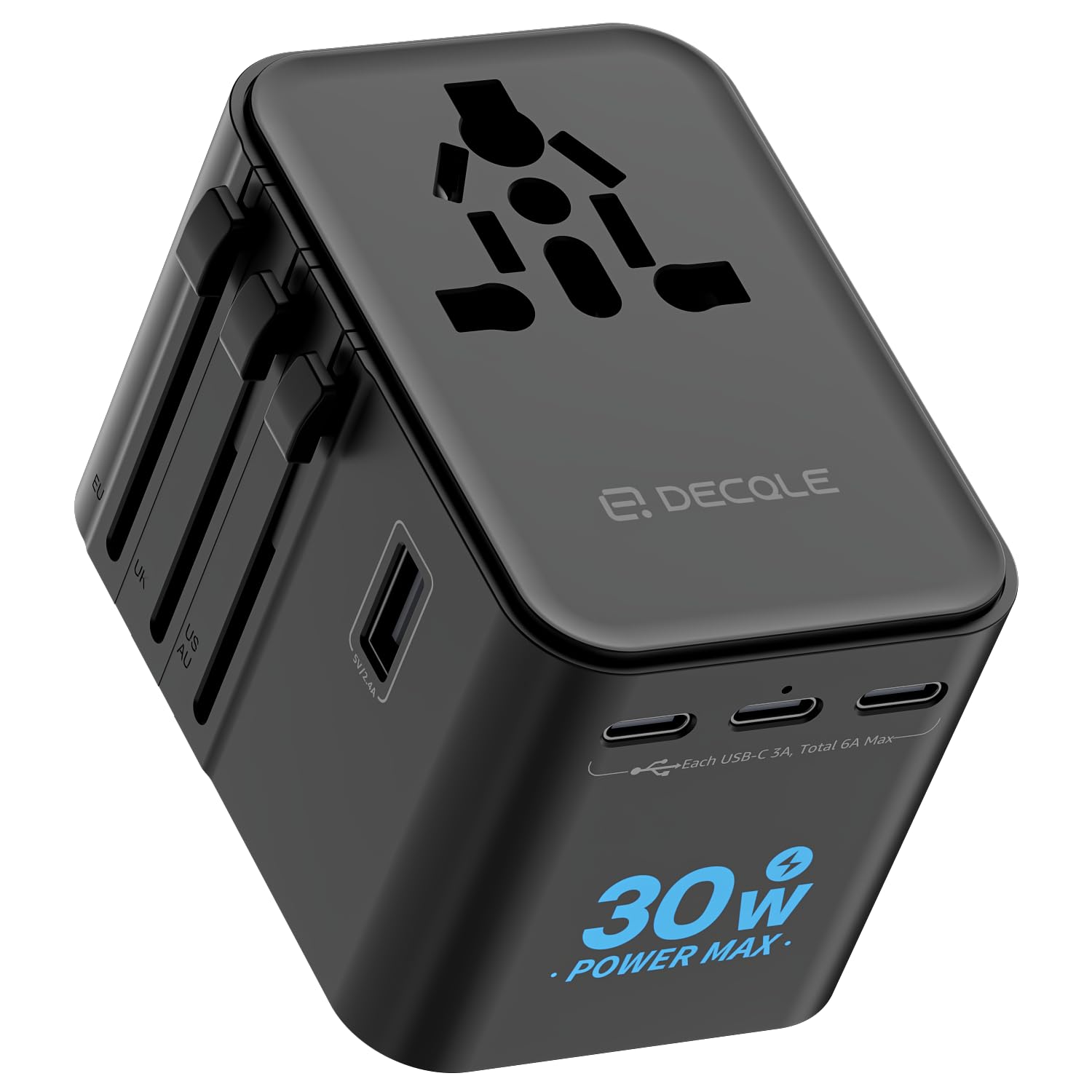 Photo 1 of decqle Universal Travel Adapter, International Travel Plug Adapter with 3 USB-C ? 2 USB-A Ports(Total 30W), All in One Portable Adaptor, for USA, UK, EU, AU ? 224+ Countries (Black)