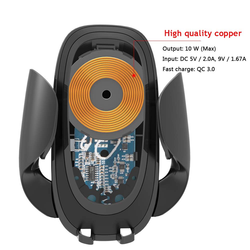 UCMDA Chargeur sans Fil Rapide Voiture, 10W Qi Support Téléphone Voiture Chargeur Auto sans Fil à Induction Réglable pour iPhone XS/XS Max/XR/X/8P/8, Galaxy S9/S9 Plus/S8/S8plus/S7/S7 Edge etc- Noir