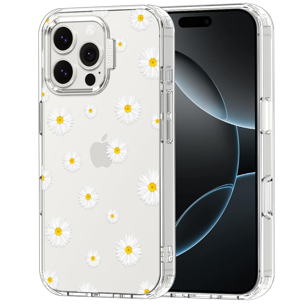 MOSNOVO Case for iPhone 16 Pro Max, [Buffertech 6.6ft Military-Grade Drop Protection] [Anti Peel Off Tech] Clear TPU Bumper Phone Case Cover Design - White Daisy