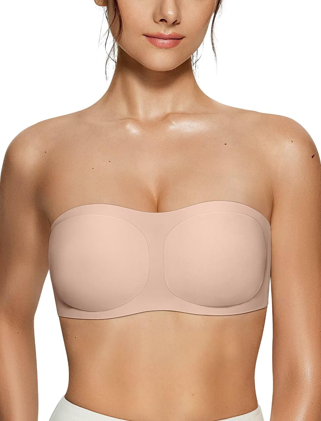 Photo 1 of Vertvie Women's Wireless Strapless Bra Seamless Padded Bandeau Bra Non-Slip Silicone Tube Top Push Up Convertible Bralette (Skin Color,Medium)