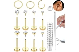 MILACOLATO 14K Gold Plated Flat Back Stud Earrings - 316L Surgical Steel Internal Thread CZ Stud Piercing Jewelry for Tragus 