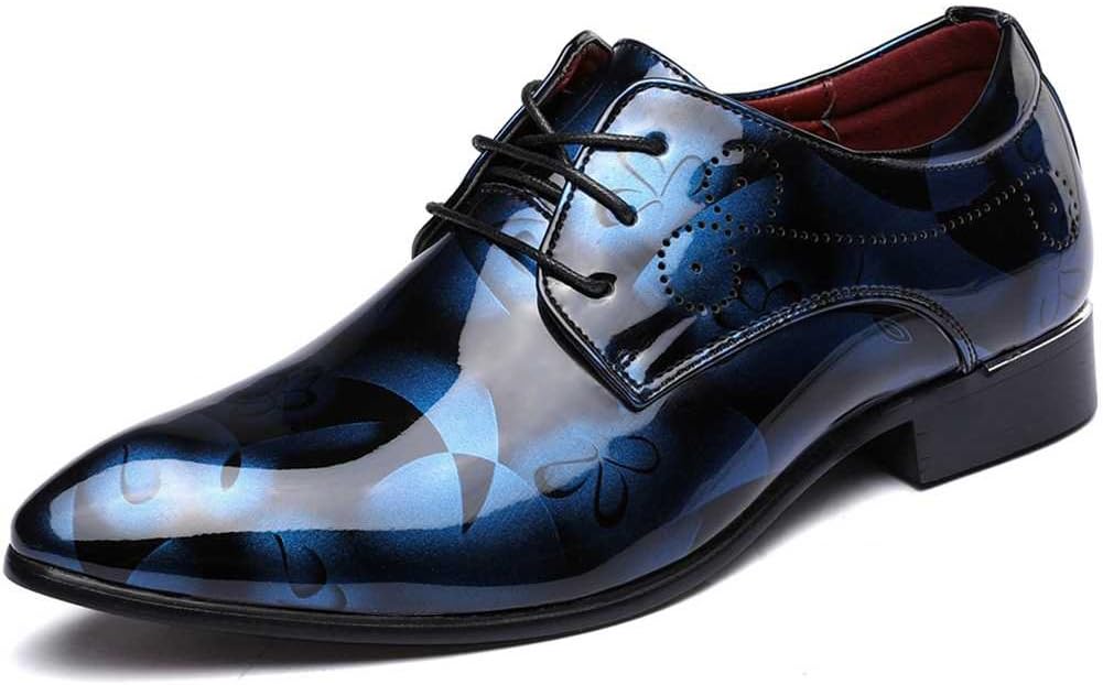 Senyee Men's Dress Shoes, Modern Classic Pointed-Toe Patent Leather Floral Lace-up Business Casual Oxford