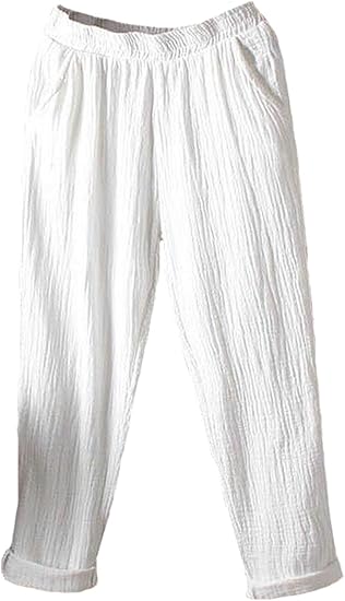 Amazon Mengfan レディース パンツ 薄い パンツ 麻 カジュアルパンツ ワイドパンツ 9分丈ハロンパンツ ロングパンツ 通販