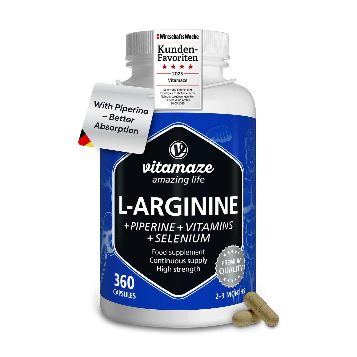 L-Arginine Capsules, Highly Concentrated, 360 Tablets with Vital Formula B6, B12 + Folic Acid + Selenium and Piperine, Organic & Natural Supplement Without Additives