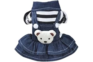 POPETPOP Puppy Dress Harness Denim Dog Dress - Cute Red Stripe Plush Cowboy Pet Skirt, Pet Clothes for Small Medium Large Dogs Puppy, Pet Costumes (Blue and White) Small Pet Dog Winter Dress