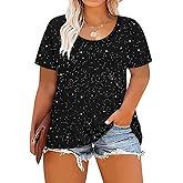 CARCOS Plus Size Tops for Women Short Sleeve Shirt Summer Star/Leopard/Tie Dye/Flower Crewneck Pullover Tunic XL-5XL