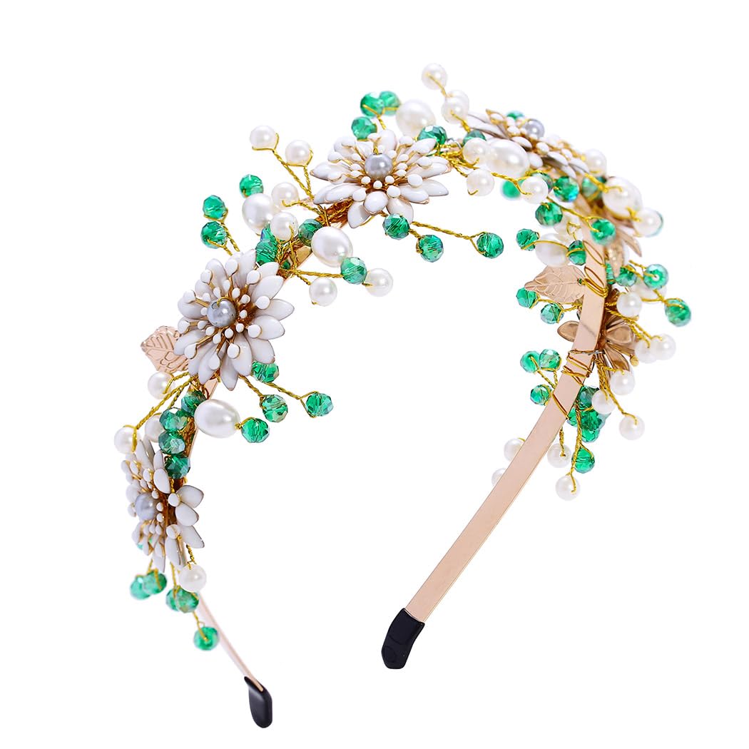 IYOU Flower Wedding Headbands Green Crystal Hair Bands Pearl Prom Guest Hair Accessories for Bride and Bridesmaid