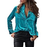 Chvity Velvet Tops for Women Vintage Long Sleeve Button Down Shirts Blouse for Pocket