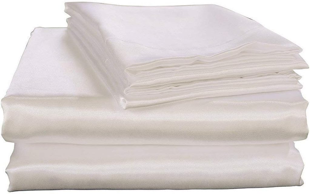 Bedify Bedding 100% Pure Silk Satin Sheet Set 4pcs, Silk Fitted Sheet 15" Deep Pocket Mattress fit,Silk Flat Sheet&Silk Pillowcases Set Cool Soft Silk Sheets|Wrinkle Free Fade Resistant Queen White