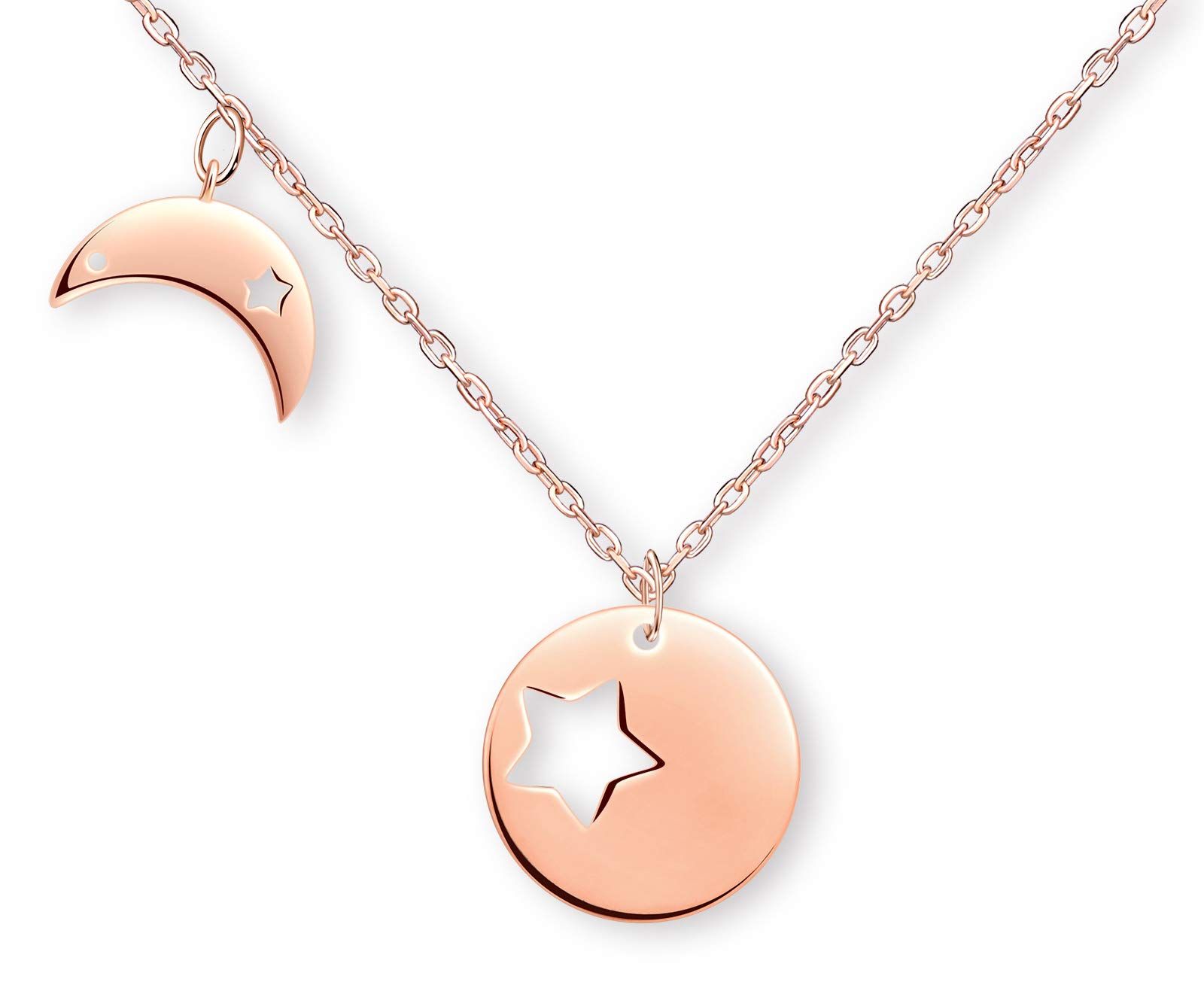 MicLee Women's girl's Necklace pendant, 925 Sterling Silver necklace, fashion star and moon round necklace, mini simple pendant, rose gold