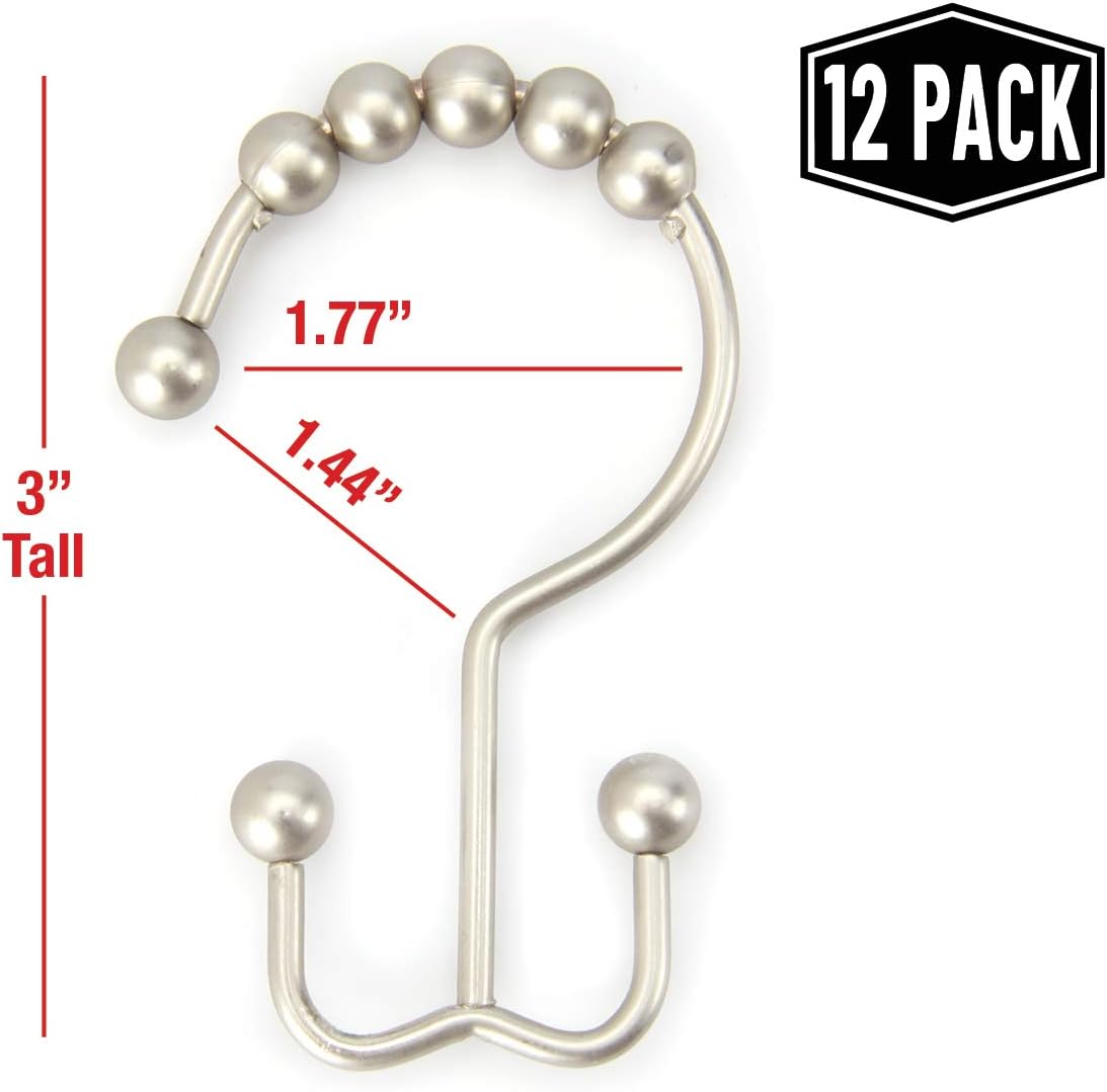 2lbDepot Double Shower Curtain Hooks Rings (Brushed Nickel, Satin Decorative Finish) Premium Rust Resistant Stainless Steel Metal Hook, Roller Balls Glide on Shower Rods, Set of 12: Home & Kitchen