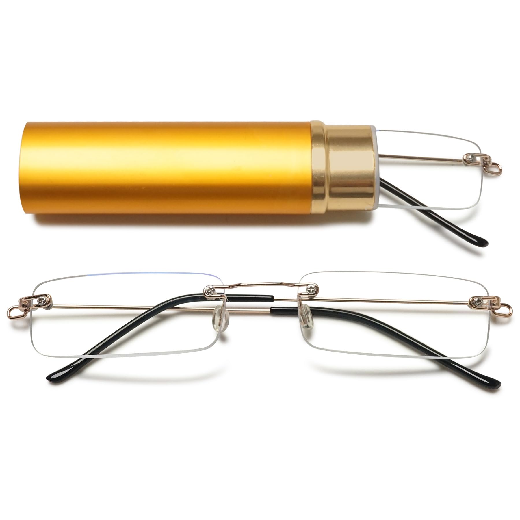 Lanomi Rimless Reading Glasses for Men Women Blue Light Blocking Readers Lightweight Slim Rectangle Anti Blue Eyewear with Metal Case Gold 2.5