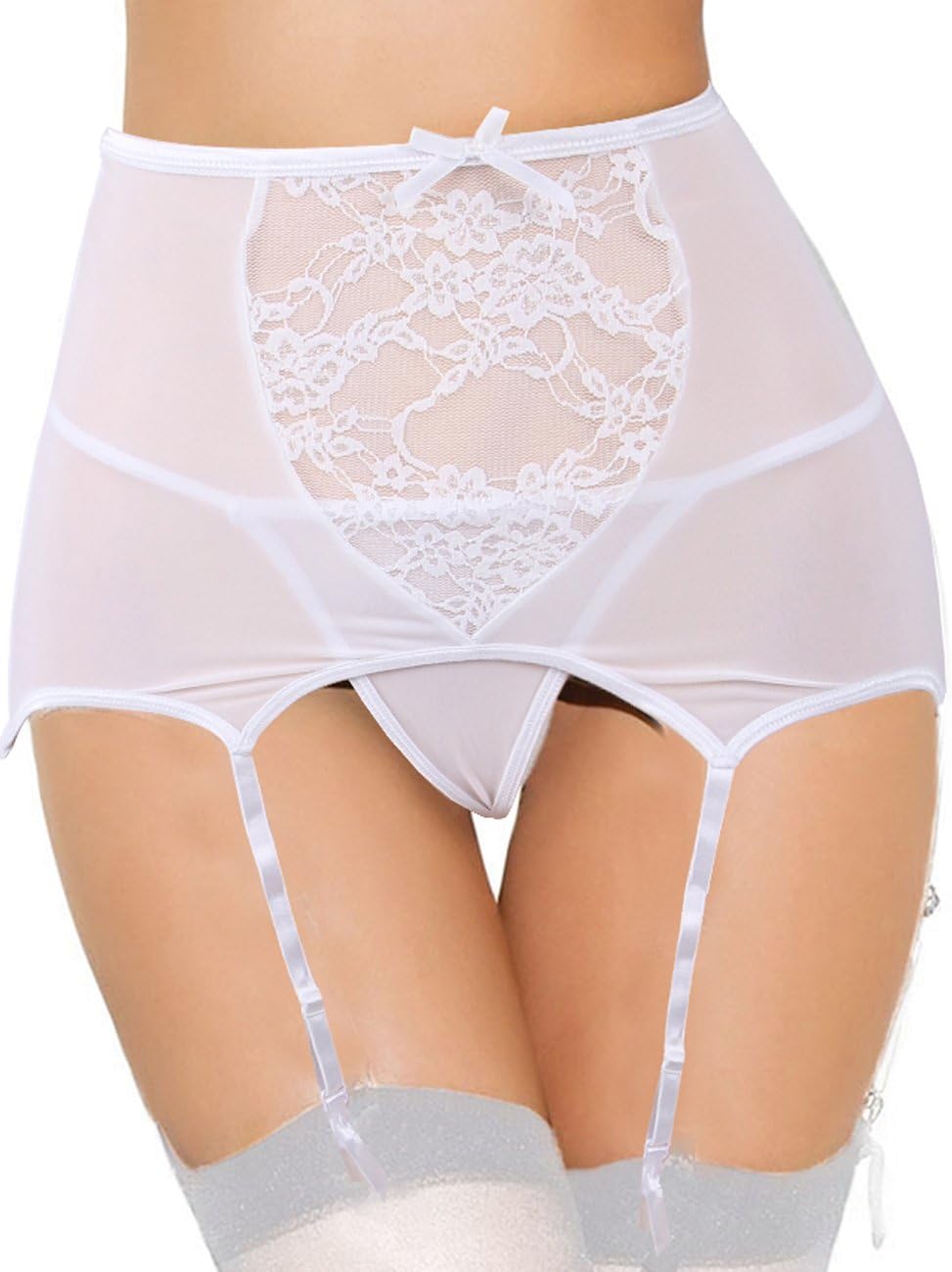 Women High-Waisted Hollow-Out Lace Garter Belt with G-String Bodysuit Lingerie