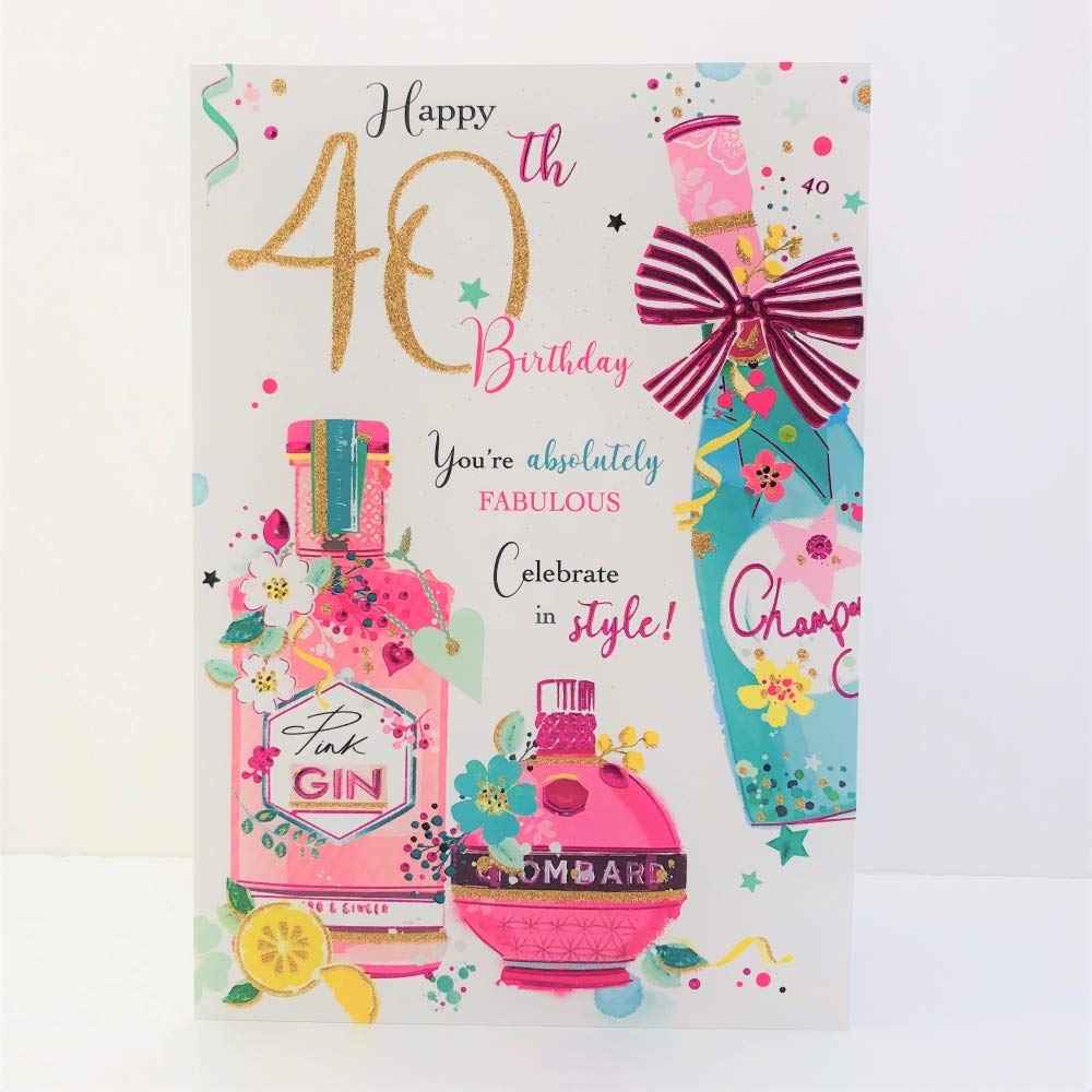 Jonny Javelin Female Happy 40th Age 40 Birthday Card - Gin Champagne Flowers
