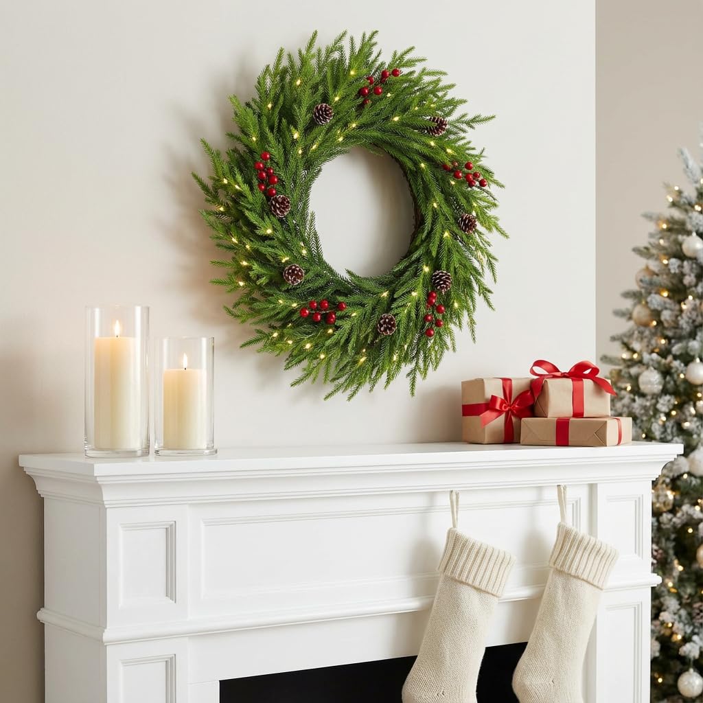 Photo 1 of ** no lights or cranberries**
24 Inch Norfolk Pine Wreath for Front Door - Lifelike Artificial PE Christmas Wreath, 80 Tips - Realistic Greenery for Year-Round Modern Farmhouse Decor & Holiday DIY Crafts