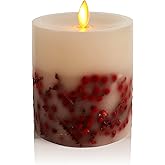 Luminara Embedded Flameless LED Candle - Red Berry 3.5" x 4.5" - Moving Flame Pillar Battery Operated Timer, Real Wax Unscented, Safe