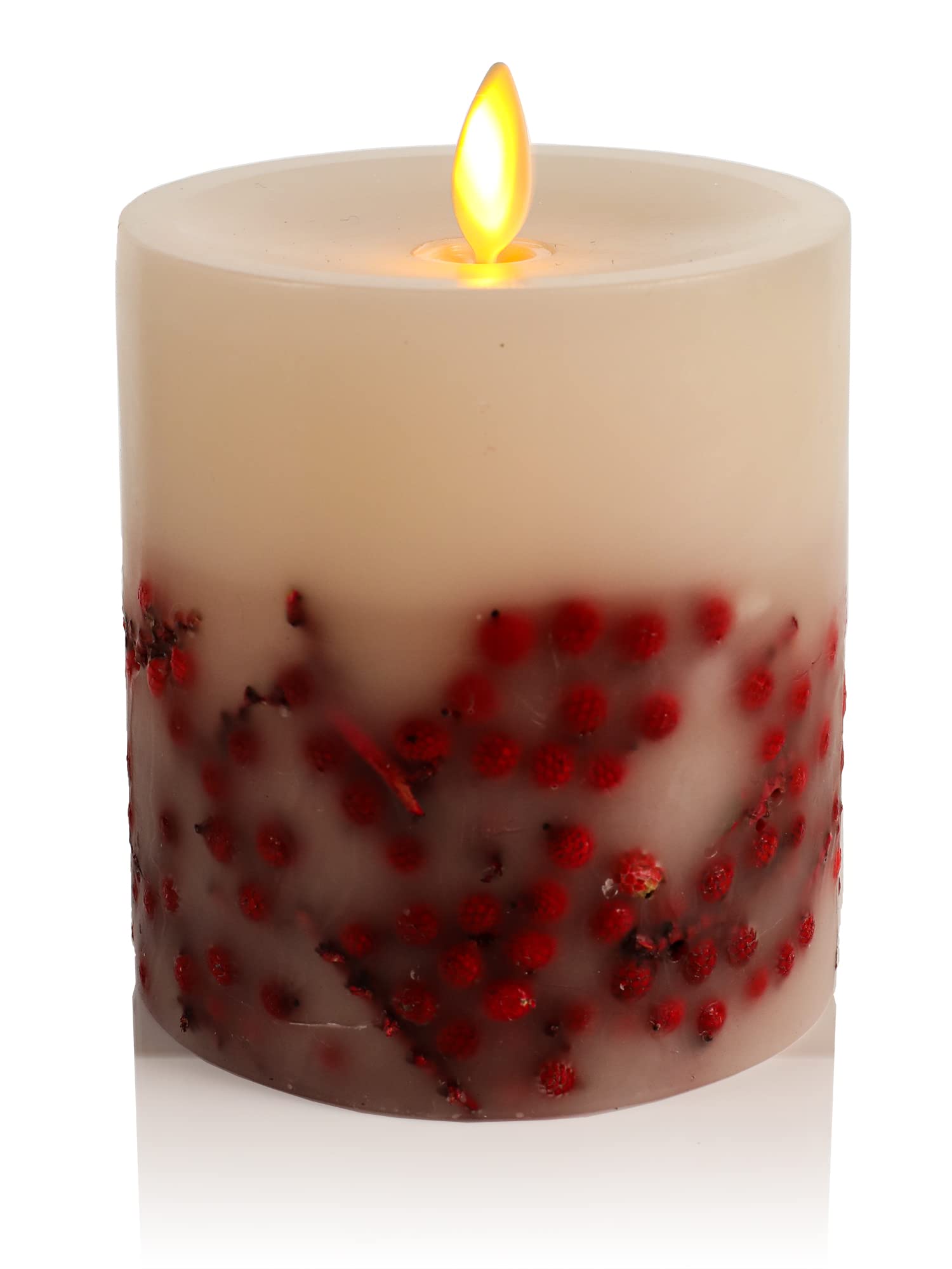 Luminara Moving Flame Red Berry Inclusions LED Pillar Recessed Edge Smooth Wax Unscented (4.5-inch)