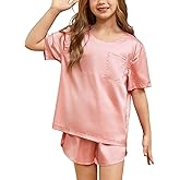 QPANCY Silk Pajamas for Girls 2 Piece Short Sleeve Loungewear Kids Satin Pajamas Sets