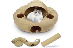 OUHOU Cat Tunnel Bed, Cat Tunnels for Indoor Cats with 4 Hanging Balls, 6 Peepholes, Awning and Central Mat, Cat Donut Tunnel for Multiple Cats – Yellow