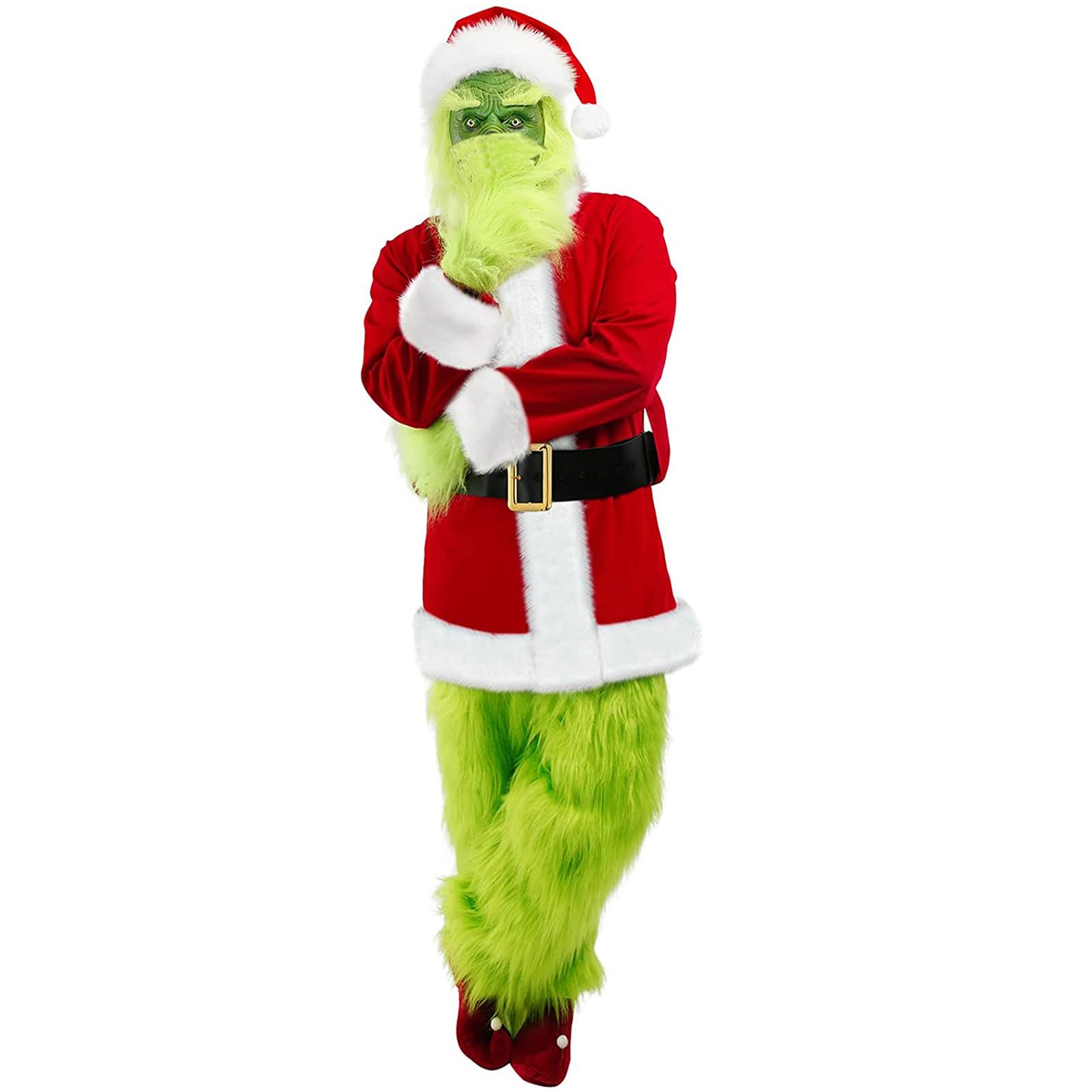 Photo 1 of QwayHome Christmas Green Big Monster Costume for Adult, 7Pcs Deluxe Green Santa Cosplay Furry Suit with Mask for Men Women (2XL-3XL)