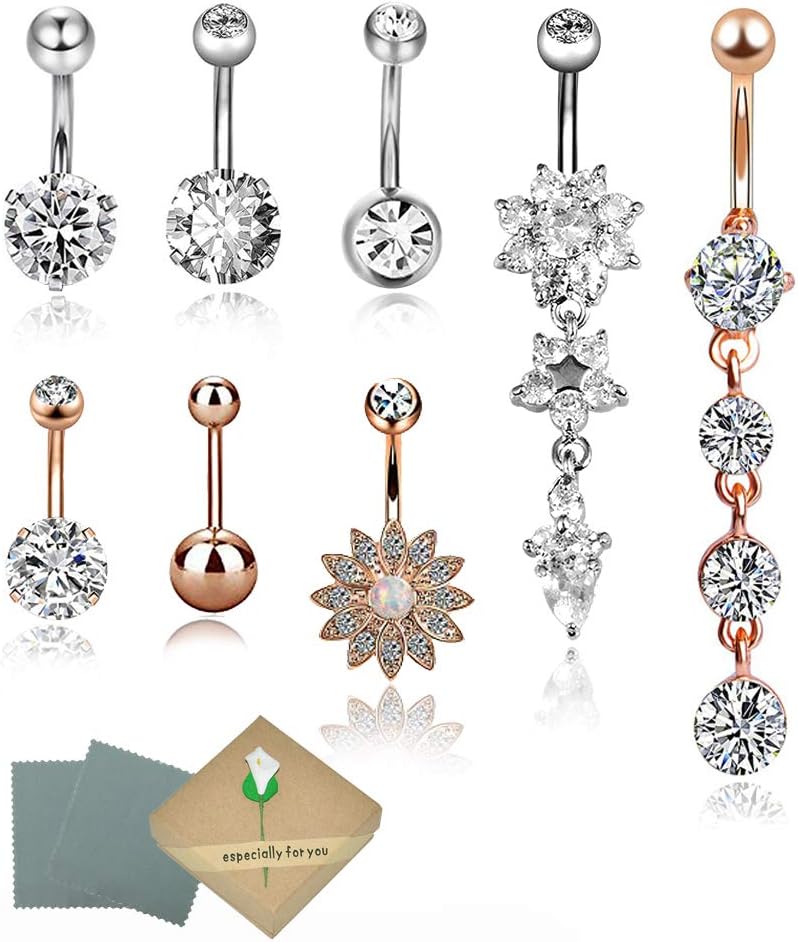 SwirlColor Belly Button Ring, Navel Piercing Ring 14G Fashion Widely-use Plated Navel Ring for Women Girls- 8Pcs(Silver & Rose Gold)
