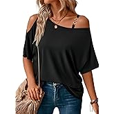 LEIYEE Womens Summer Black Cold Off Shoulder Tops 2026 Sexy Casual Cute Short Sleeve Loose Fit T Shirts Blouse
