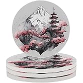 Japanese Tower Coasters Set of 4 Absorbent Coasters 4 Inch Round Ceramic Coasters for Drinks Coaster for Coffee Table Office Summer Outdoor Home Decor