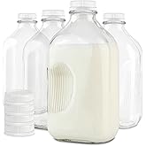 Stock Your Home Half Gallon Glass Milk Bottle with Lid (4 Pack) 64 Oz Jugs and 8 White Caps, Reusable Food Grade Milk Container for Refrigerator, Bottles for Juice, Oat or Plant Milks, Water, Honey