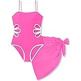 Klyatpxoen 7-16 Years Girls Swimsuit 2PCS Adjustable Straps Cut Out One Piece Bathing Suit with Solid Color Cover Up Skirt