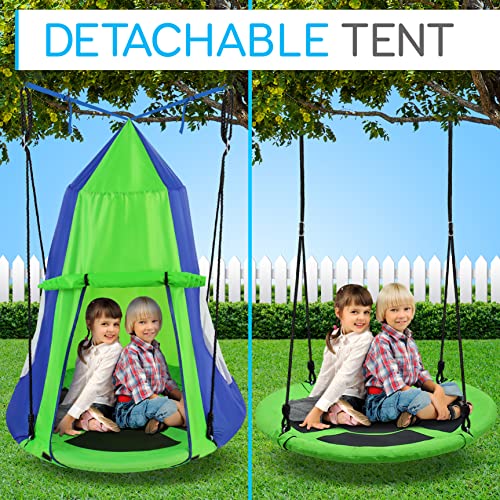 SereneLife 40" Kids Hanging Tent Swing, Outdoor Saucer Swing with Rope