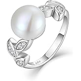 FATACI Women Pearl Ring,925 Sterling Silver Cubic Zirconia Leaf Ring with 10MM Cultured Freshwater Pearl for Women Wedding promise rings for her Size 6