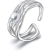 KZX Pearl Ring for Women 925 Sterling Silver Open Ring Minimalist Silver Ring Dainty Peal Ring Adjustable Pearl Jewelry for Birthday Anniversary
