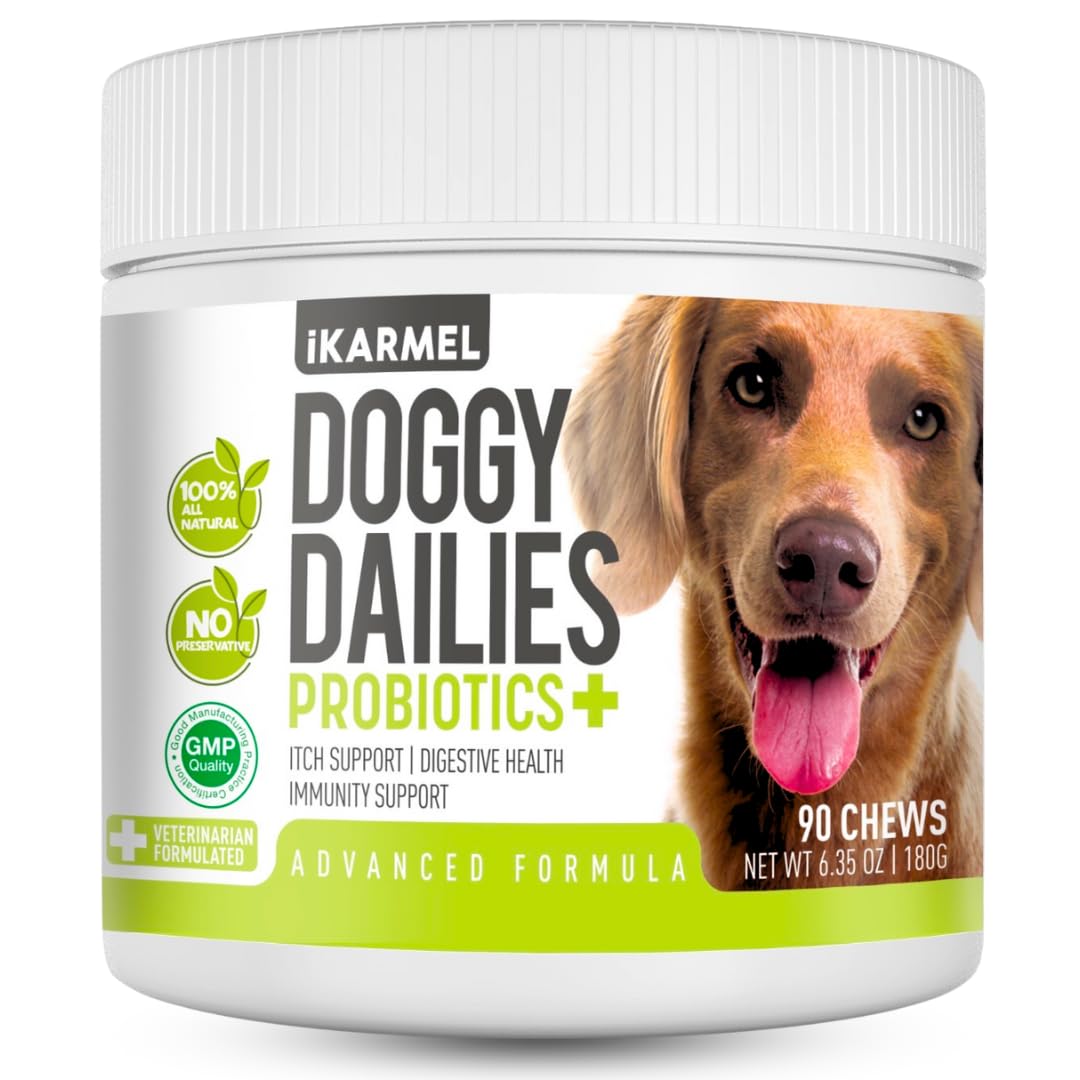 iKARMEL Doggy Dailies Probiotics for Dogs | Canine Supplements for Digestive and Immunity Support | Skin Health and Itch Relief | Vitamin Treats for Dogs | Probiotic (90 Chews)