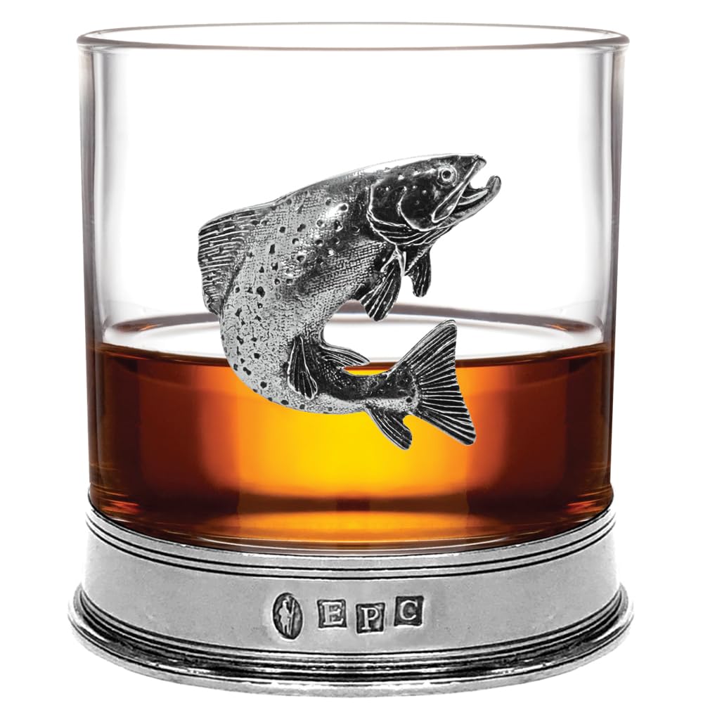 English Pewter Company Whisky Rum Glass Tumbler with Pewter Trout Badge [TUM09]