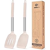 Pack of 2 Silicone Solid Turner, Non Stick Slotted Kitchen Spatulas, High Heat Resistant BPA Free Cooking Utensils, Ideal Cookware for Fish, Eggs, Pancakes(Stainless Steel Khaki)