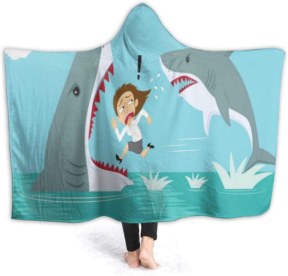 nobrand Hooded Blanket Running On The Water Escape Sharks Wearable Fleece Blankets Soft Warm for Kid Adults Women Men Throw Cuddle Poncho Cloak Cape Kids/Baby