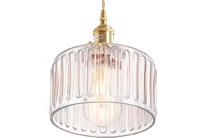 Shenmoyl Pendant Light with Clear Striped Glass Lampshade, Brass Vintage Pendant Light Adjustable Hanging Light for Kitchen Island Dining Room Hallway