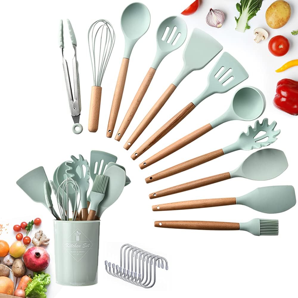 Silicone Kitchen Utensils Set, 12Pcs Kitchen Cooking Utensils Set with Hook, BPA Free Non-toxic Kitchen Gadgets Set, Heat-resistant Kitchen Tool Set with Wooden Handle, Best Kitchen Utensils Gift: Kitchen & Dining
