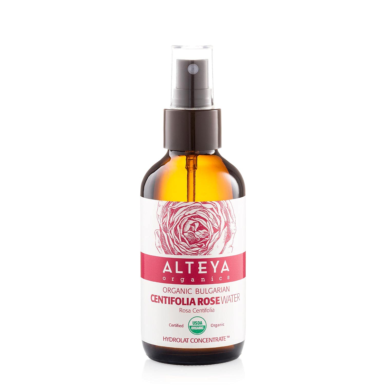 Alteya Organic Centifolia Rose Water Spray 120ml Glass Bottle- 100% USDA Certified Organic Authentic Pure Rosa Centifolia Flower Water Steam-Distilled and Sold Directly by the Grower Alteya Organics