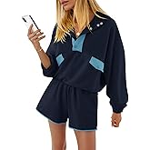 Fisoew Womens 2 Piece Sets Sweatsuits Casual Half Button Color Block Sweatshirts Running Shorts Tracksuits Fall Outfits