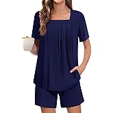 Tencede Womens 2 Piece Short Sleeve Pajama Sets Lounge Sleepwear Ladies Pjs Sets with Pockets S-2XL