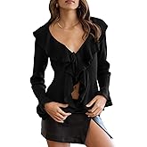 Goranbon Womens V Neck Sexy Sweaters Ruffle Long Sleeve Wrap Loose Sweater Fashion Drawstring Jumper